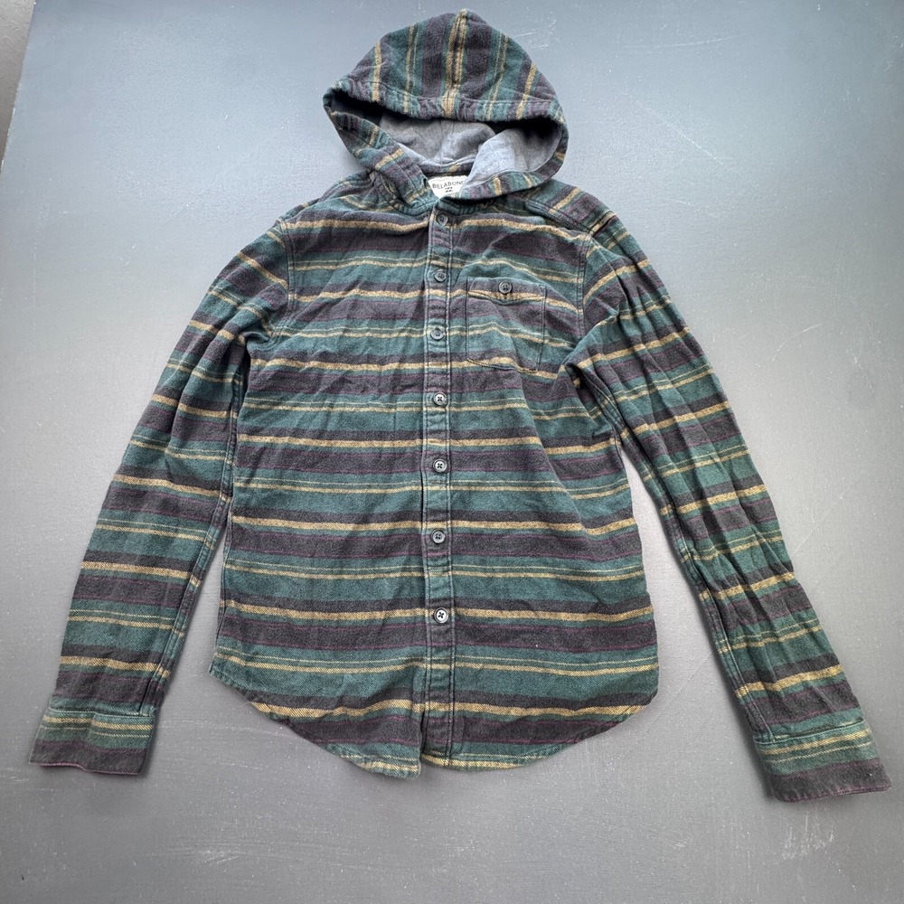 Billabong Flannel Hoodie Shirt Youth XL Green Stripe Button Up Cotton Casual